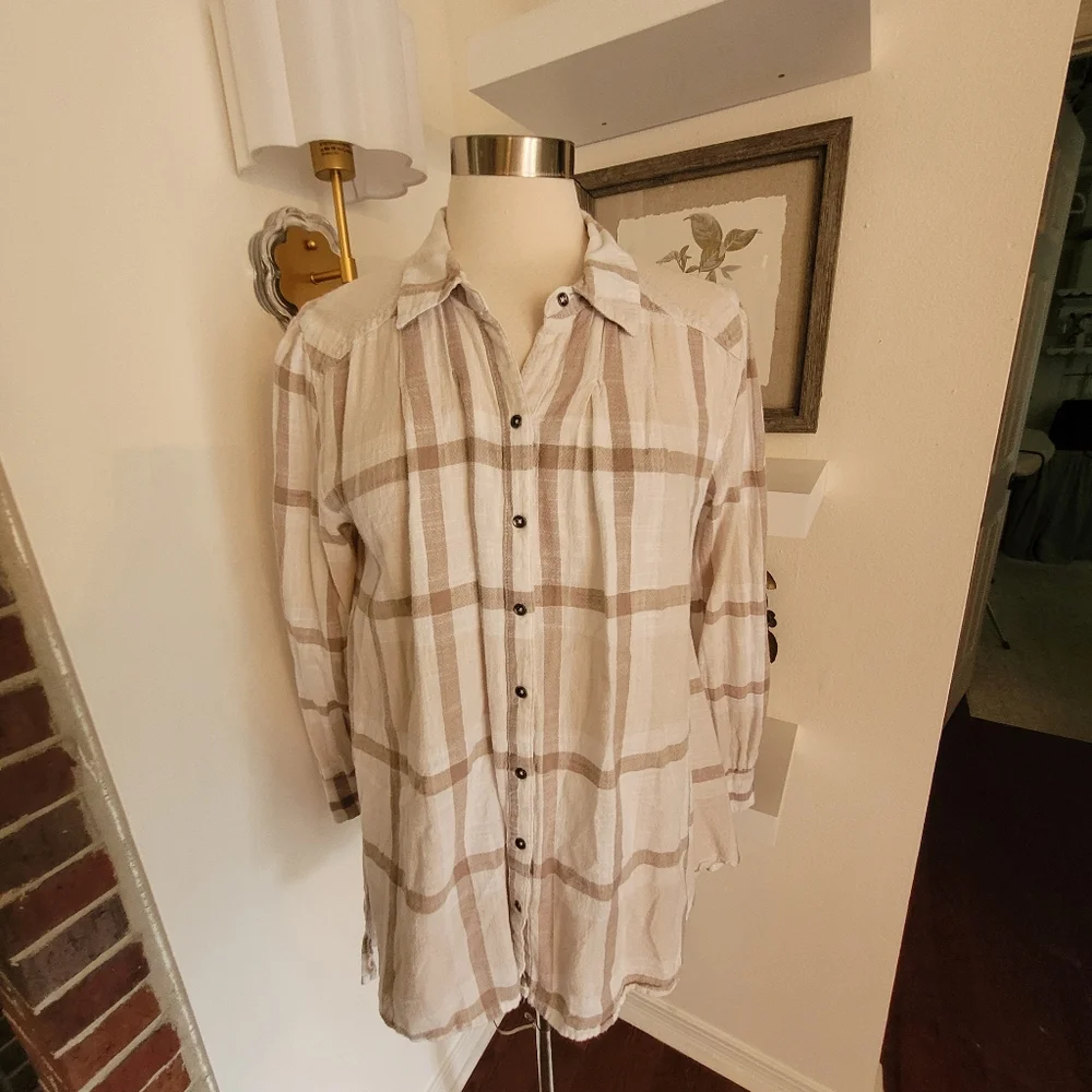 Free People Preppy In Plaid Long Sleeve Button Front Top Ruffle Back Boho 90s L